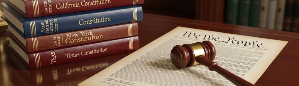 Stack of state constitution books including California, New York, and Texas alongside federal Constitution with gavel and We the People document on legal reference desk