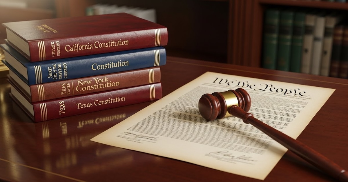 state-federal-constitution-books-gavel-legal-desk | Stack of state constitution books including California, New York, and Texas alongside federal Constitution with gavel and We the People document on legal reference desk