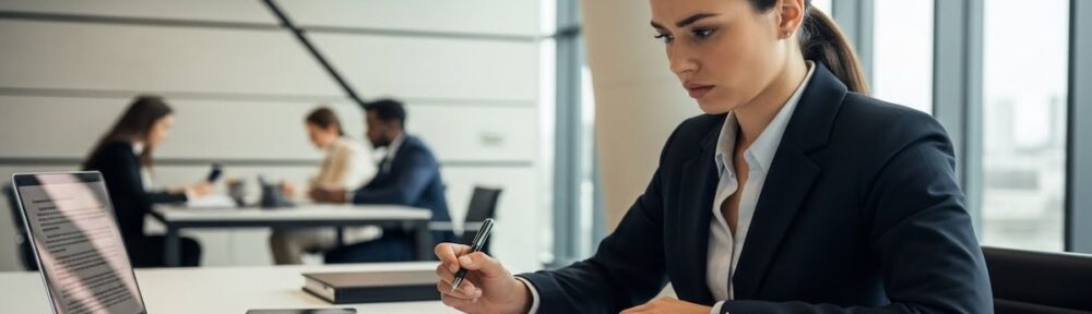 Professional paralegal reviewing legal documents at desk in modern law office, demonstrating ethical work practices and attention to detail