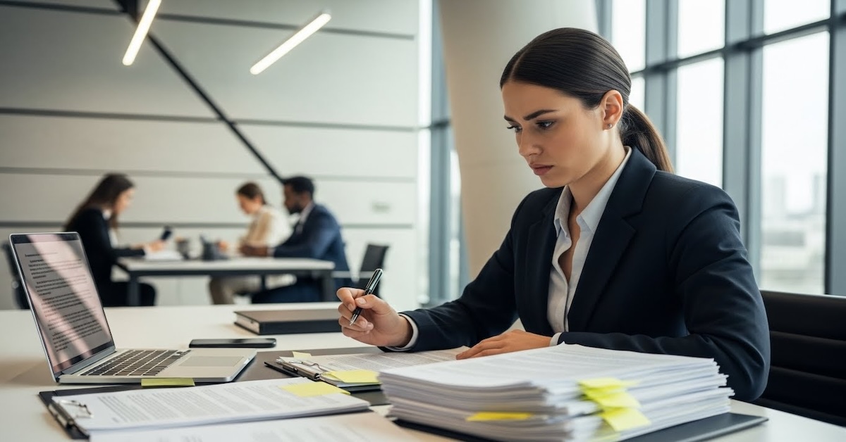 paralegal-reviewing-legal-documents-law-office-ethics | Professional paralegal reviewing legal documents at desk in modern law office, demonstrating ethical work practices and attention to detail