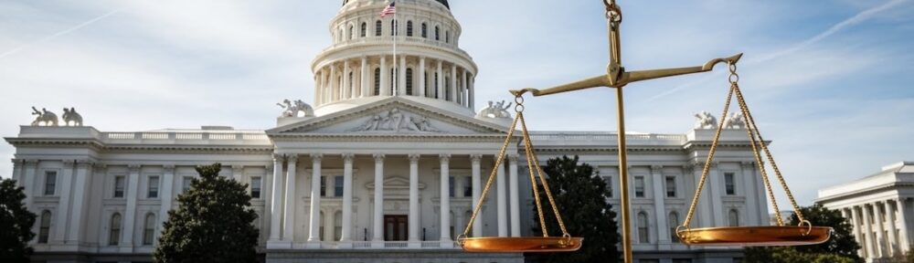 California State Capitol building with golden justice scales in foreground representing legal system and paralegal regulation
