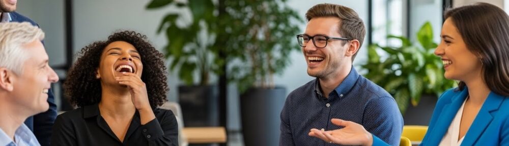 Diverse group of legal professionals laughing together in modern office, demonstrating appropriate workplace humor and team camaraderie