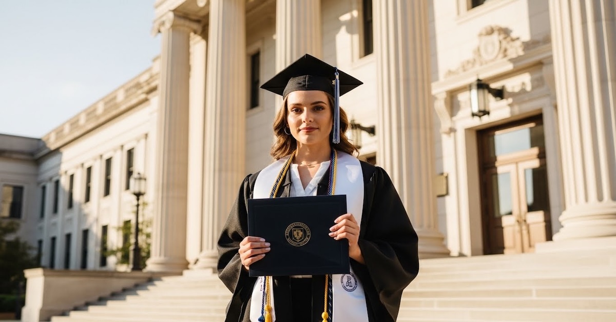 college-graduate-bachelors-degree-paralegal-career | College graduate in cap and gown holding diploma in front of university building, representing bachelor's degree preparation for paralegal career