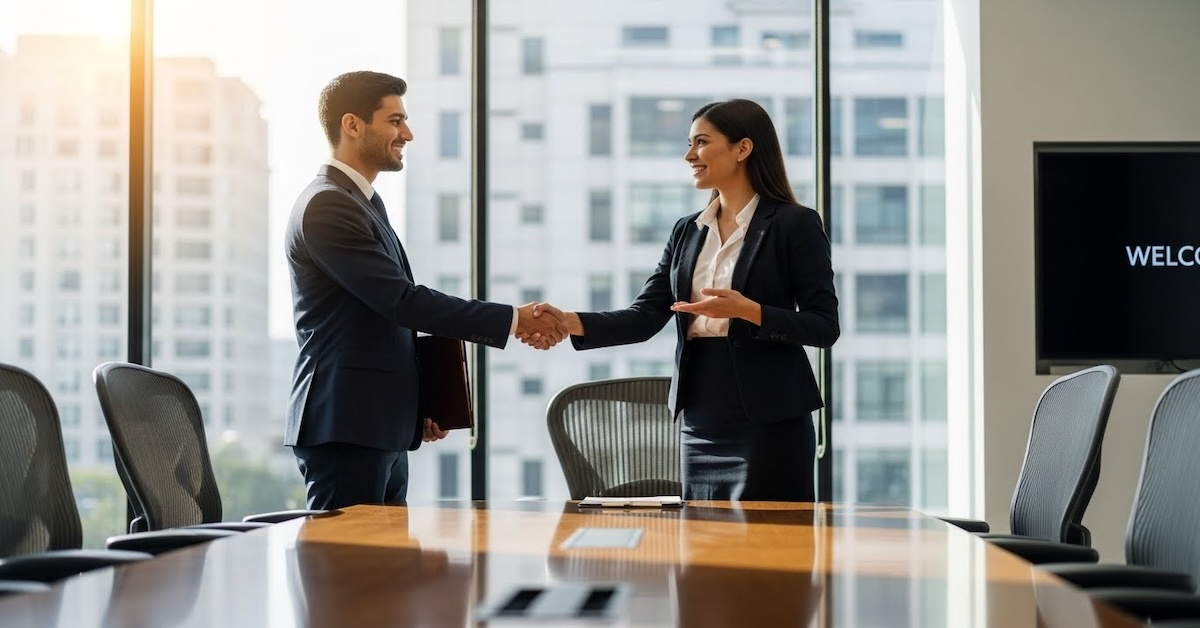 entry-level-paralegal-job-interview-handshake | Entry-level paralegal candidate shaking hands with hiring manager in modern law firm conference room during job interview