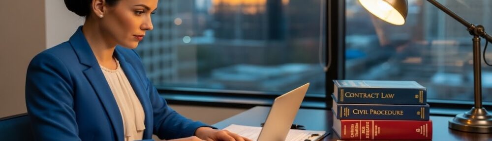 paralegal-continuing-education-certification-study | Professional paralegal in blue blazer studying at laptop with contract law and civil procedure textbooks and certification documents on desk in modern office with city view