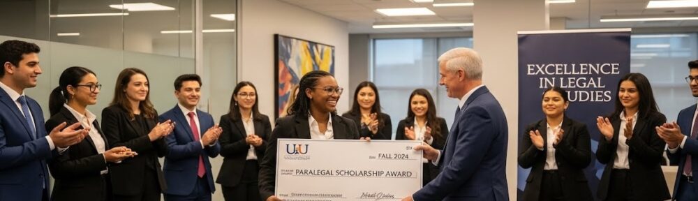 Paralegal student receiving scholarship award check at professional ceremony with colleagues applauding in modern law office