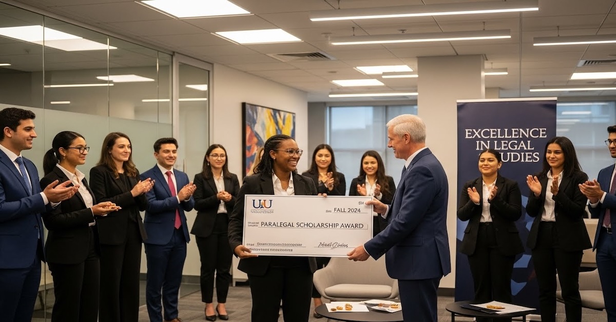 paralegal-scholarship-award-ceremony | Paralegal student receiving scholarship award check at professional ceremony with colleagues applauding in modern law office
