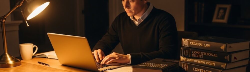 Man studying paralegal coursework on laptop at home desk in evening with legal textbooks including Criminal Law, Constitutional Rights, and Contracts stacked beside him