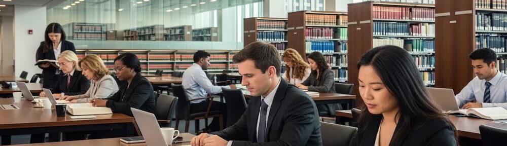 paralegal-students-studying-law-library | Paralegal students studying in a modern law library with laptops and legal textbooks, preparing for careers in legal services