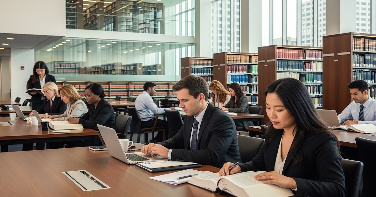 paralegal-students-studying-law-library | Paralegal students studying in a modern law library with laptops and legal textbooks, preparing for careers in legal services