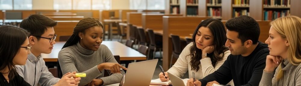 Diverse group of paralegal students studying together at a library table with laptops and legal textbooks, collaborating on coursework