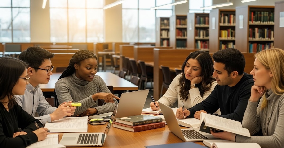 Diverse group of paralegal students studying together at a library table with laptops and legal textbooks, collaborating on coursework