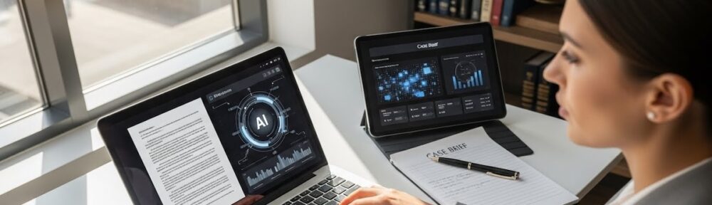 paralegal-using-ai-legal-technology-laptop | Paralegal working at desk with laptop displaying AI interface and legal document, tablet showing data analytics, case brief and pen on desk, law books and scales of justice visible on bookshelf in modern office